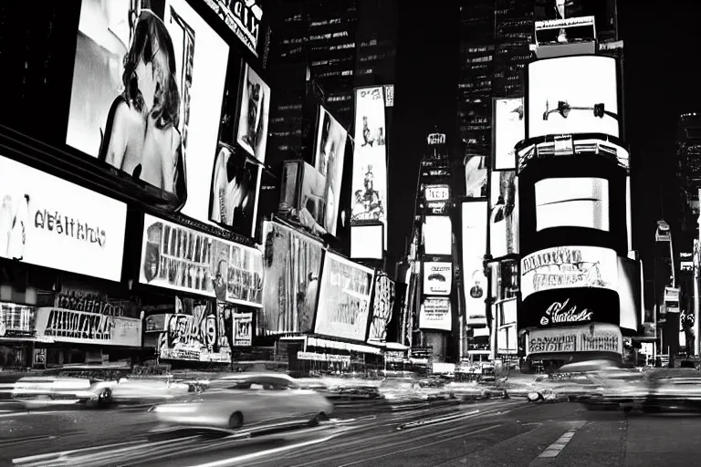 Image similar to a detailed photograph depicting times square at night. a giant digital billboard shows a heroic portrait of a proud blonde woman in her 6 0's. sci fi, neon lighting, futuristic.