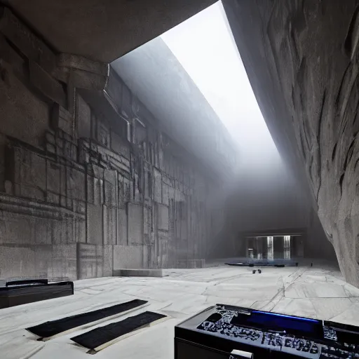 Image similar to architectural digest photo, inside a moody dramatic cavernous huge brutalist cement temple, a giant metallic pyramid made out of high - end hi - fi equipment and futuristic 1 9 8 0's computer screens and displays and computers topped with the giant screaming head of a man, ultra - detailed, photorealistic, volumetric lighting and fog