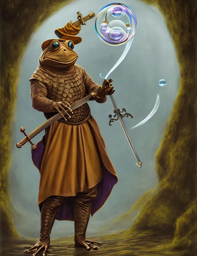 Prompt: anthropomorphic bipedal frog that is dressed as a renaissance monk, and holding a giant sword, as a matte oil painting and d & d character art, by alex grey, standing, fullbody, floating bubbles, mystic, fog, fractals, spirals, concept art, award - winning, extremely detailed, sharp focus