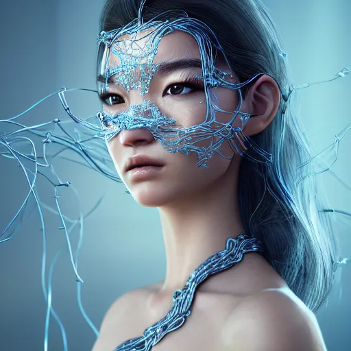 Prompt: intricate highly detailed face portrait of asian - european woman, light blue transparent metal vines on her face, intricate, cgsociety, unreal engine, octane render, sharp focus, smooth, volumetric lighting, cinematic composition, artstation