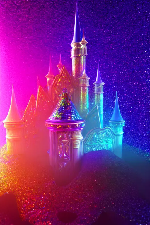 Image similar to iridescent holographic multicolored glitter fantasy castle in space, hyper realistic, ambient lighting, concept art, intricate, hyper detailed, smooth, dynamic volumetric lighting, octane, raytrace, cinematic, high quality, high resolution, 4 k, artstation