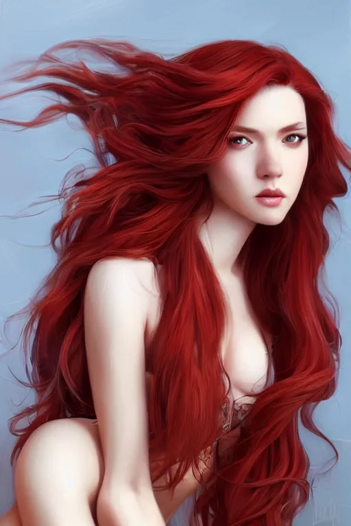 Image similar to a gorgeous female with long red hair in the style of stefan kostic, realistic, full body, sharp focus, 8 k high definition, insanely detailed, intricate, elegant, art by stanley lau and artgerm