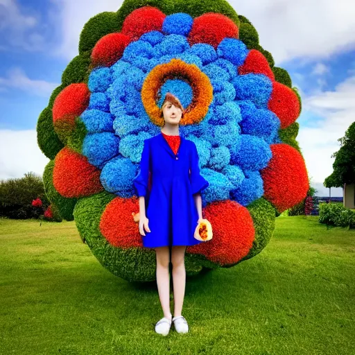 Prompt: giant flower head, full body, girl standing in front of house, surreal, symmetry, mid century, bright colours, blue sky, realistic, wes anderson