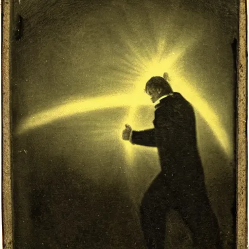 Prompt: 1820's photo from distance of a man opening a portal to another dimension at night, moody, dark, damage