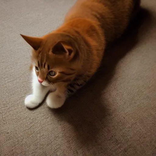 Image similar to cute cat with stumpy tiny legs, view from floor, cinematic lighting