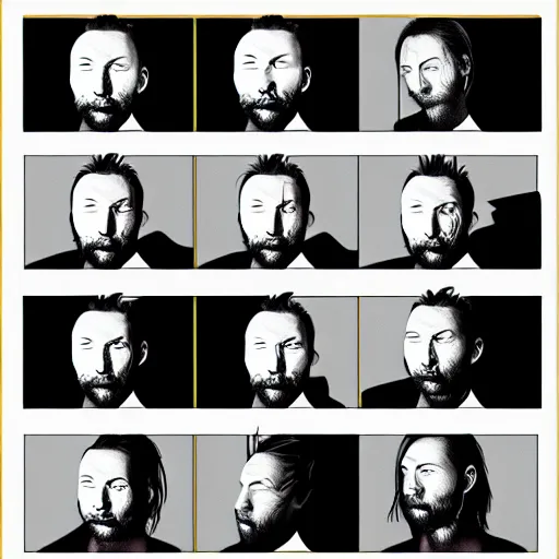 Prompt: versions sprite sheet of variations, hyper realistic, many variations of thom yorke, face variations, various emotions, various poses, high quality, brush stroke, intricate details, beautiful lighting