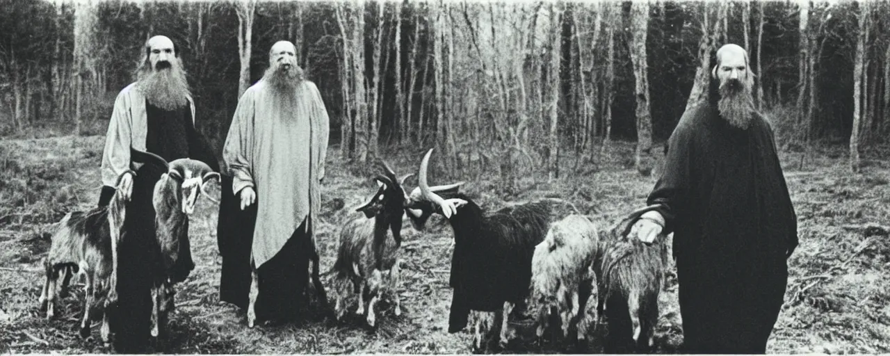 Image similar to still of breaton monks looking like rasputin with a goat from movie stalker ( 1 9 7 9 ) by andrei tarkovsky, polaroid