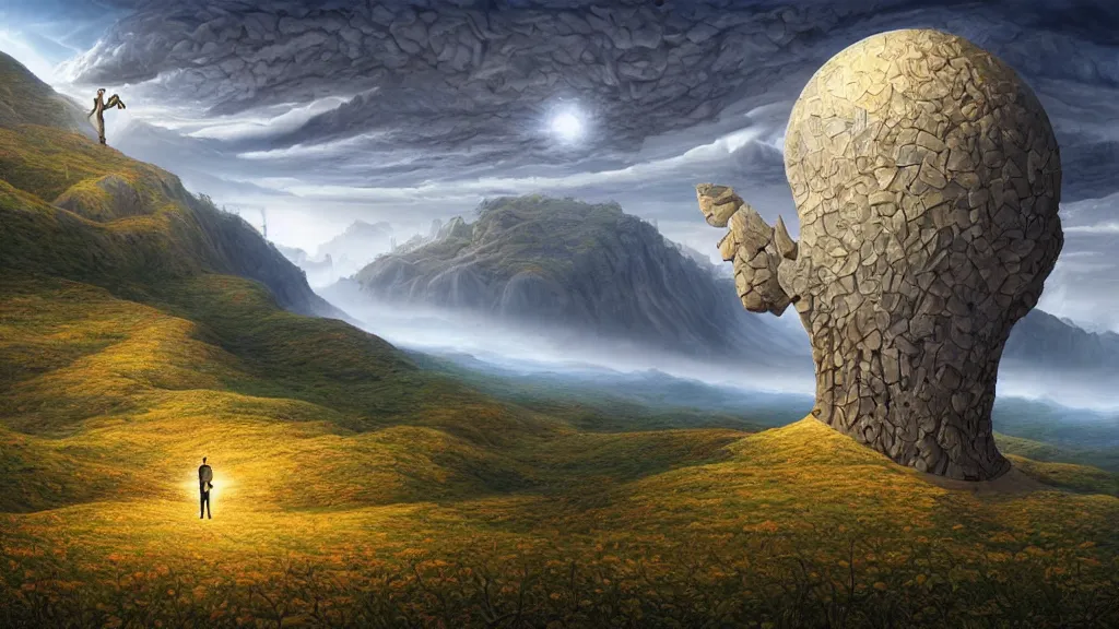 Image similar to fantasy landscape with anthropomorphic terrain in the styles of igor morski, jim warren, and rob gonsalves, intricate, hyperrealistic, volumetric lighting, distinct horizon