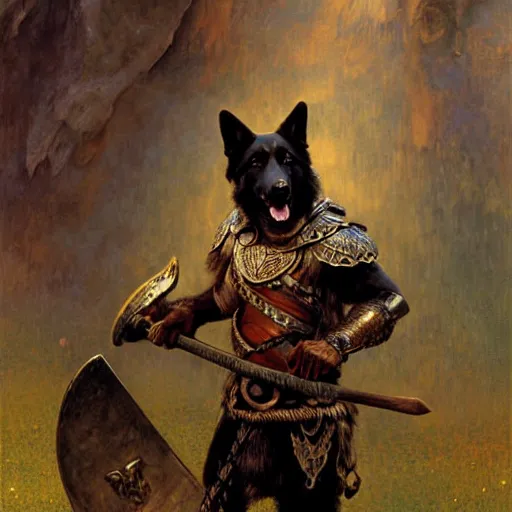 Image similar to a portrait of a black german shepard dogman canine viking with human eyes smiling holding an axe. fantasy highly detailed painting by gaston bussiere craig mullins jc leyendecker gustav klimt artgerm greg rutkowski