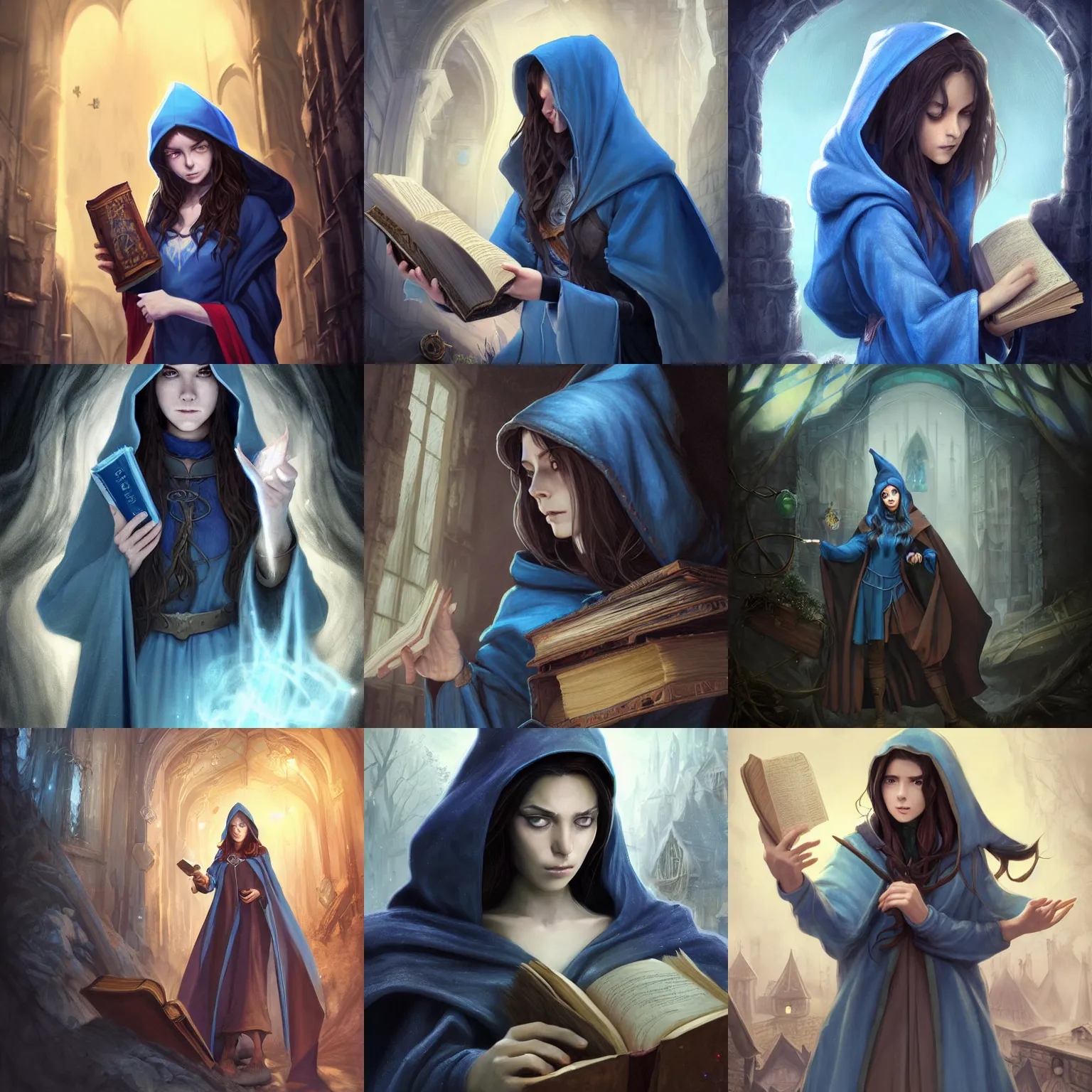 Prompt: a female wizard with long brown hair wearing a blue hood and blue robe holding a book while exploring a dark and sinister medieval village, fantasy, highly detailed, digital painting, character design by charlie bowater, ross tran, artgerm, and makoto shinkai, detailed, soft lighting, rendered in octane