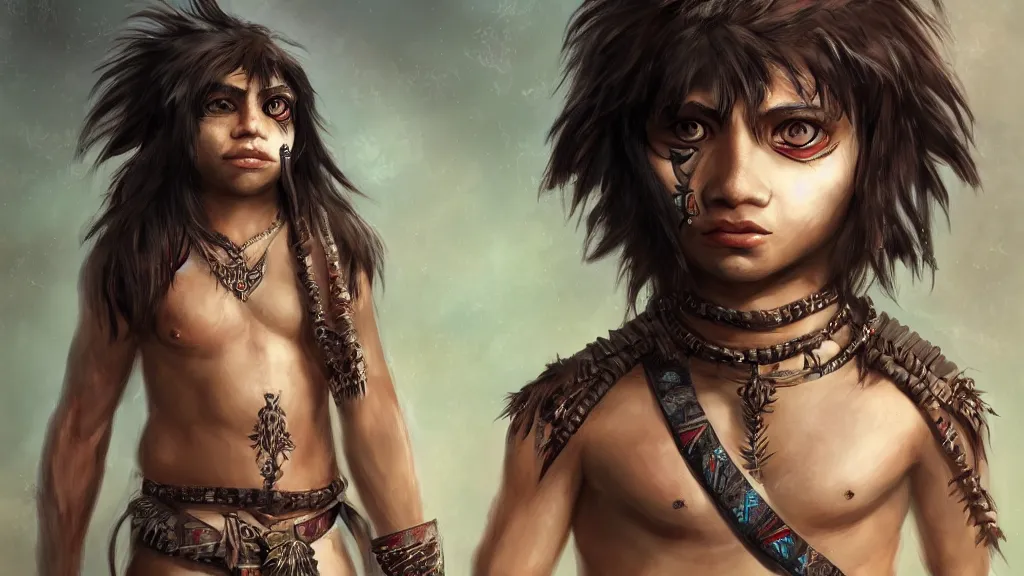 Prompt: cute emo tribal boy in a loincloth, fantasy artwork, fluffy hair, award winning, hyper detailed, very very beautiful!, studio lighting, artstation