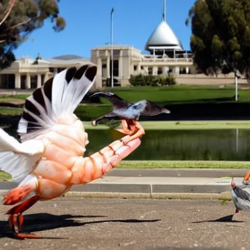 Image similar to shrimp fighting a pigeon in front of Canberra Parliament House