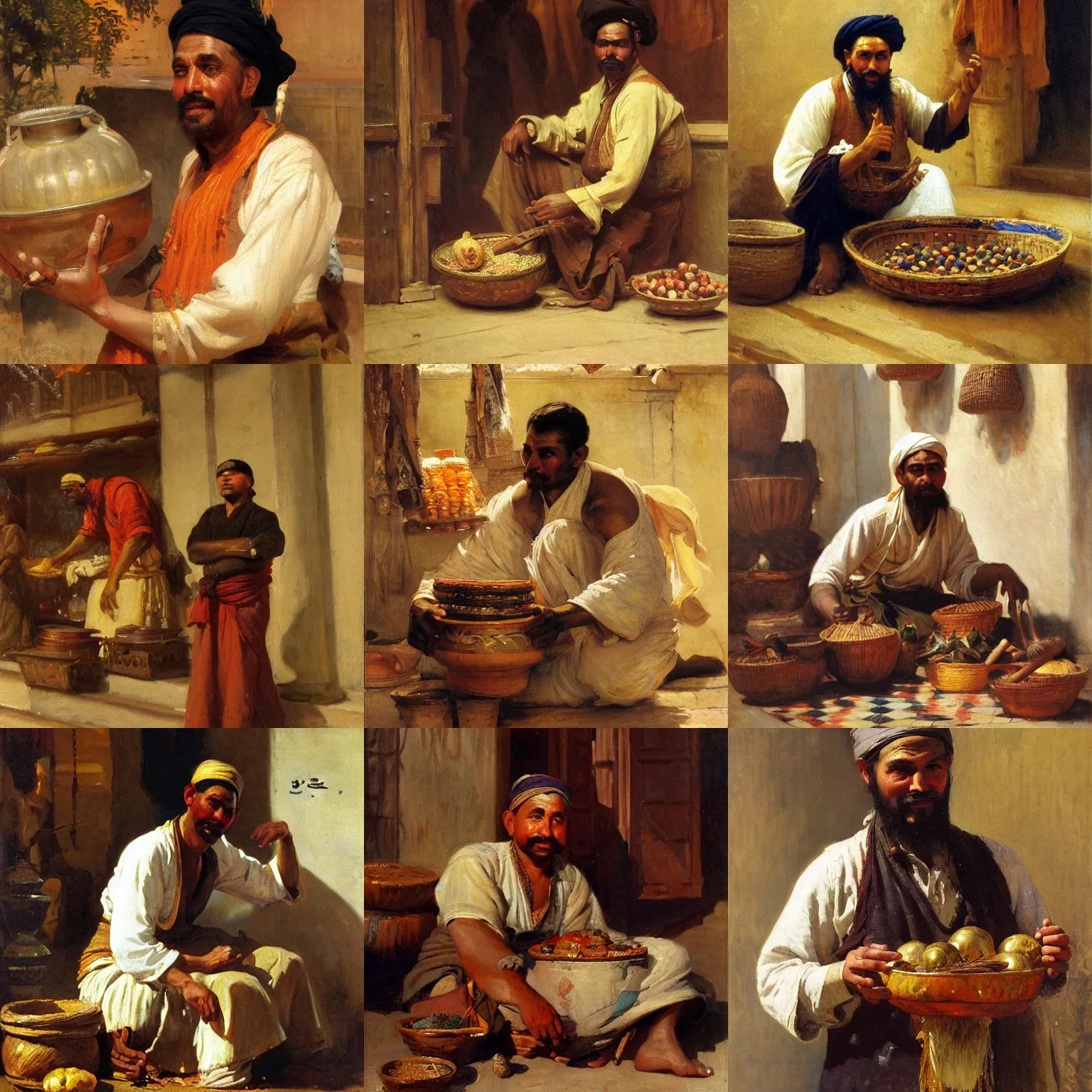 Prompt: orientalism painting of a spice seller with black eyes by theodore ralli and nasreddine dinet and anders zorn and nikolay makovsky and edwin longsden long, oil on canvas, masterful intricate artwork, excellent lighting, high detail 8 k
