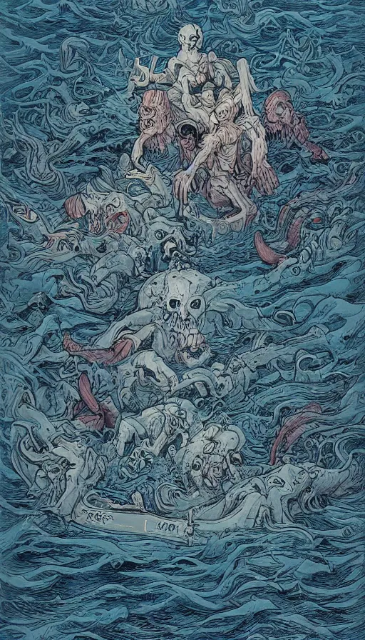 Image similar to man on boat crossing a body of water in hell with creatures in the water, sea of souls, by james jean,