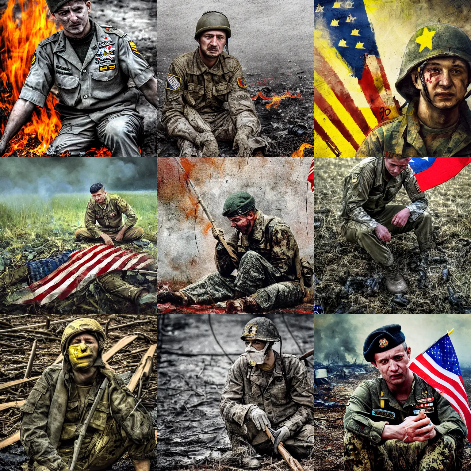 Prompt: Volodymyr Zelensky at war, dressed like a Vietnam war American soldier , sitting on the ground between dead corpses , crying and weeping, holding a half burnt flag of Ukraine, sharp focus, depth of field, hyper detailed, hyper realistic, High definition, by Murray George Webb