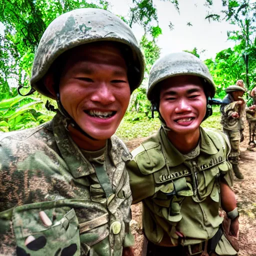 Prompt: A soldier with his arm arounf his buddie while they are both smiling at the camera, Vietnam War, Jungle, detailed, realistic, 4k, HDR
