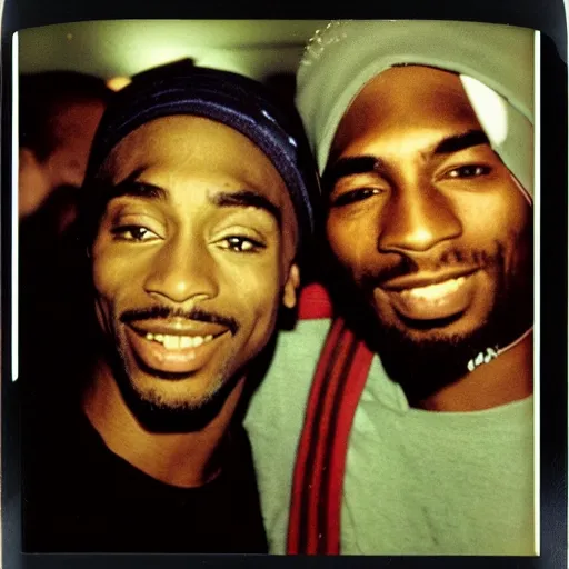 Image similar to Polaroid photograph of Kurt Cobain and Tupac Shakur in a club, blurry, XF IQ4, 150MP, 50mm, F1.4, ISO 200, 1/160s, natural light, Adobe Lightroom, photolab, Affinity Photo, PhotoDirector 365,