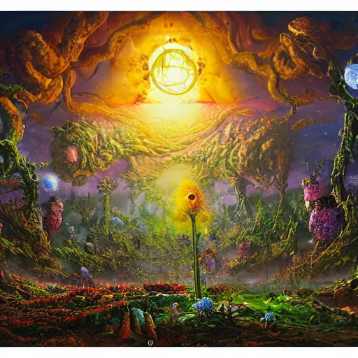 Image similar to extraterrestrial rebirth of life in the land as new era of peace and prosperity begins, flowers and fruits, banners, on ancient post - apocalyptic planet, jim henson creature shop, vivid and colorful, thomas kincaid, cinematic, oil painting, highly detailed, illustration