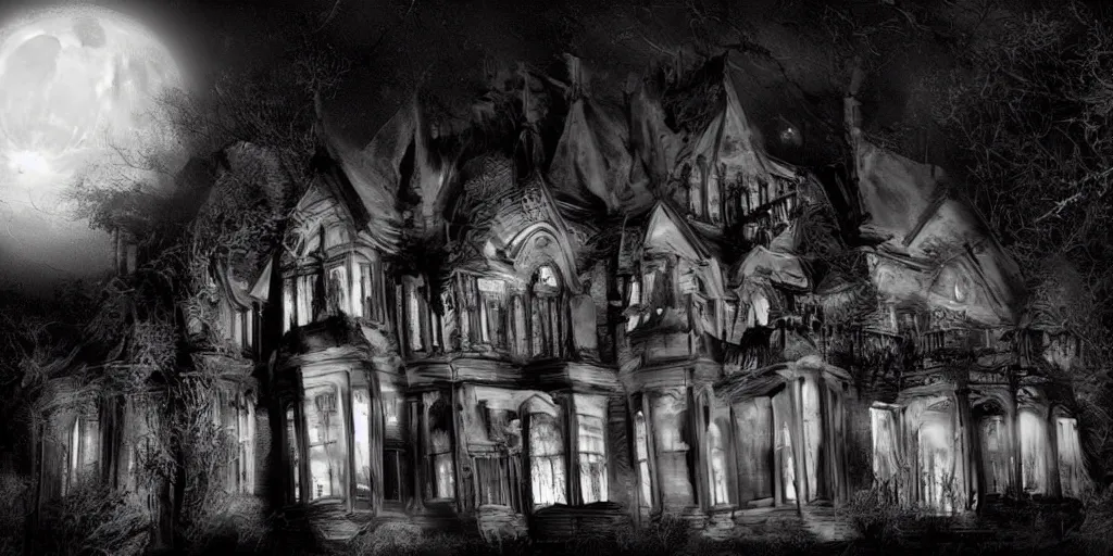 Image similar to inside a haunted mansion at night, moonlight shines through the windows, dramatic shadows, gothic