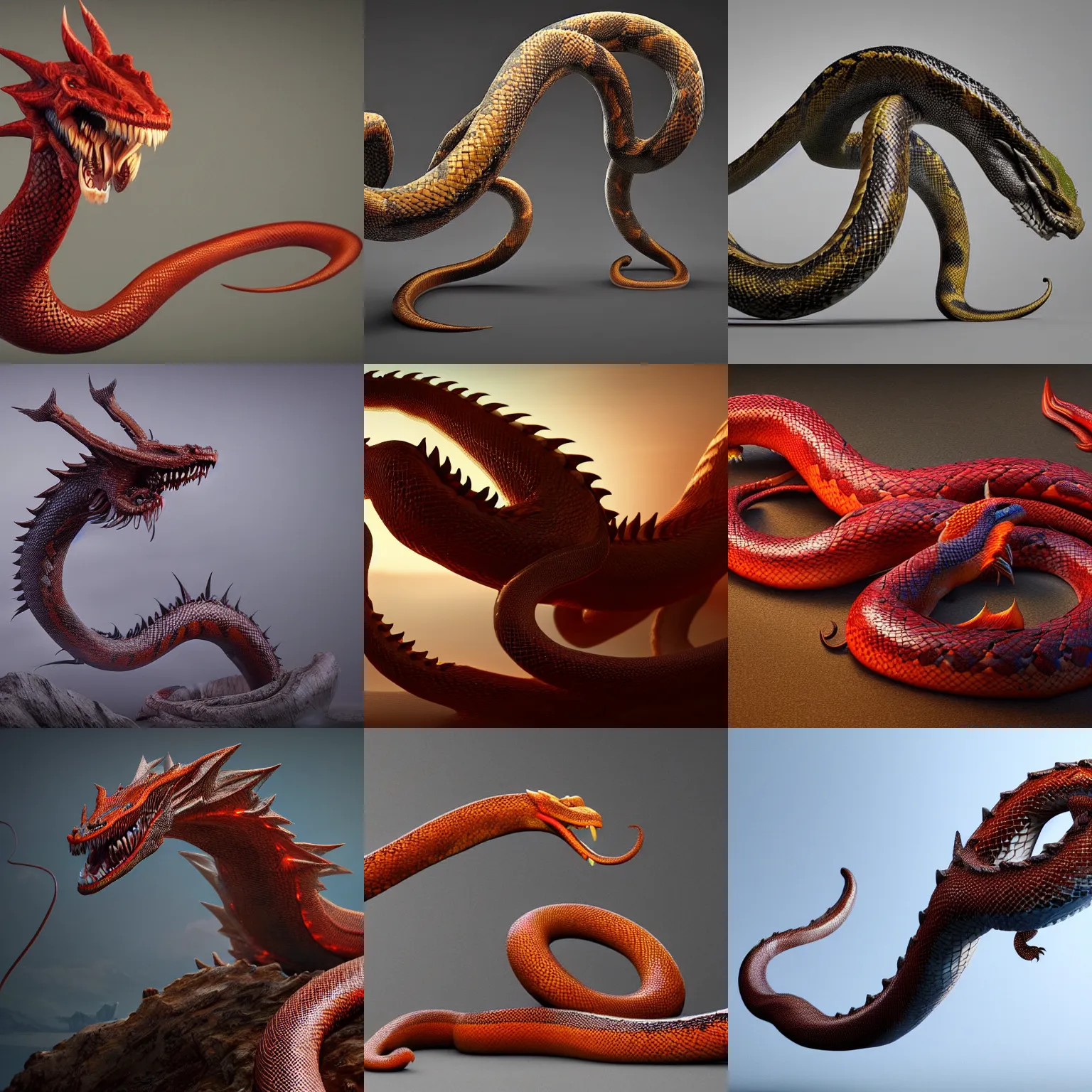 Prompt: long snake dragon chimera, octane render, award-winning, featured on artstation