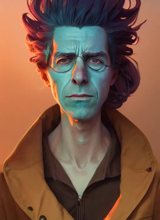 Image similar to highly detailed surreal vfx portrait of a rick sanchez, stephen bliss, unreal engine, greg rutkowski, loish, rhads, beeple, makoto shinkai and lois van baarle, ilya kuvshinov, rossdraws, tom bagshaw, alphonse mucha, global illumination, detailed and intricate environment