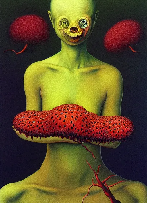 Image similar to She Eats of the Strangling Fruit and Her polyp blossoms bring iridescent fungal flowers whose spores black the foolish stars Edward Hopper and James Gilleard, Zdzislaw Beksinski, Mark Ryden, Wolfgang Lettl highly detailed