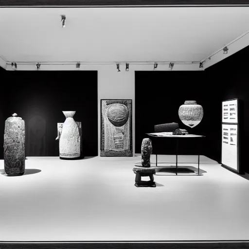 Prompt: a photography of an exhibition space with ethnographic objects on display 6 0 s offset lithography black white 8 k