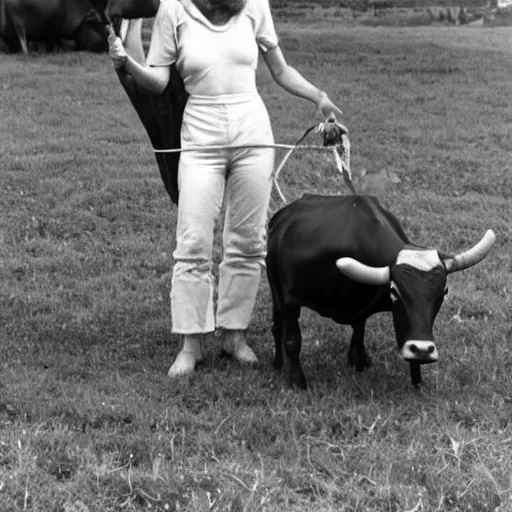 Prompt: alien in the village milking a cow, top secret style photo, 7 0 s