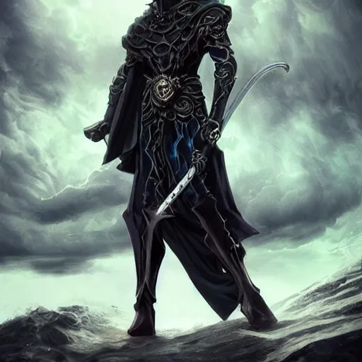 Prompt: A powerful handsome broad shouldered necromancer in black robes with blue eyes holding an exquisite sword standing at a distance. He gazes by the stormy sea and oozes extreme power and magic. Whole scene is powerful and magical and stunning to watch. Aesthetic!!!!!!, Unreal engine, 8k, trending on artstation, sharp focus, highly detailed, concept art, ultra HD, intricate, elegant, bright colors oil on canvas, by Ilya Repin