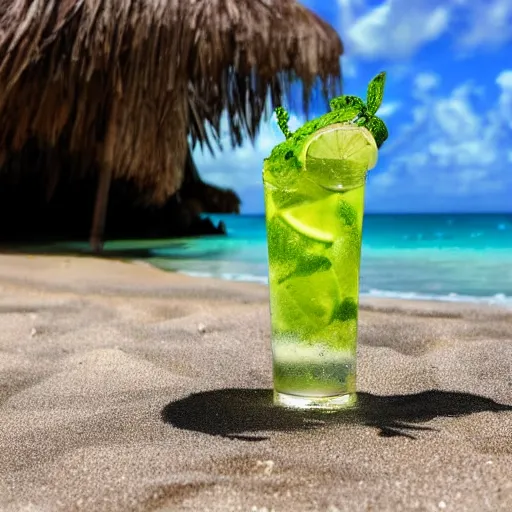 Image similar to a vortigaunt hanging out on a beach in the caribbean, drinking a mojito