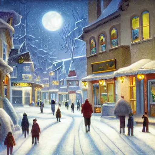 Image similar to winter town centre inspired by Evgeny Lushpin, Peter Zumthor,bus,people walking winter sunset,full moon,p