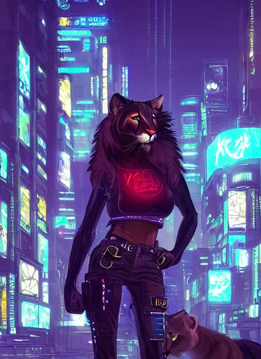 Image similar to beautiful portrait commission of a female furry anthro mountain lion wearing a bullet proof vest and cargo pants. Cyberpunk city at night in the rain. Neon light. Atmospheric. Character design by charlie bowater, ross tran, artgerm, and makoto shinkai, detailed, inked, western comic book art