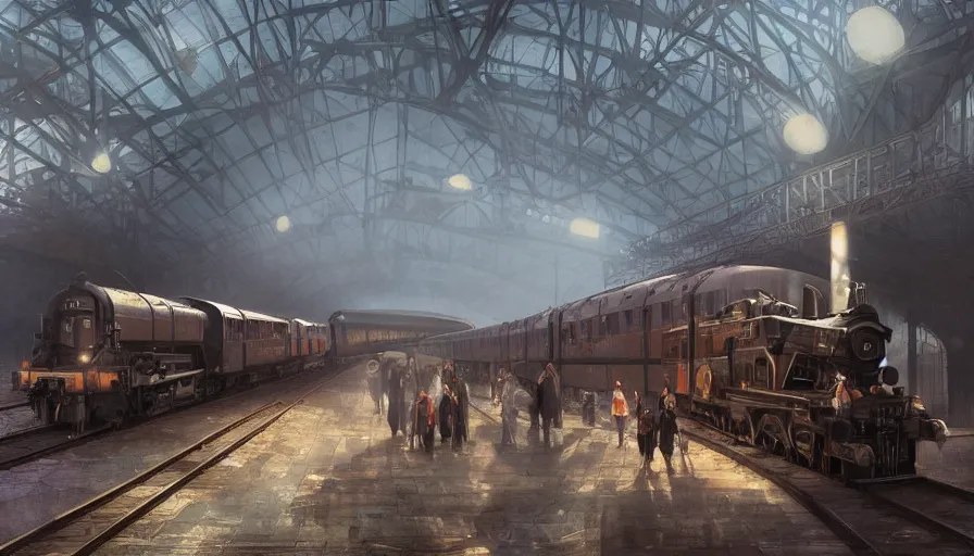 Image similar to Dieselpunk railway station, anamorphic lens, steam, epic composition, intricate, elegant, volumetric lighting, digital painting, highly detailed, artstation, sharp focus, illustration, concept art, ruan jia, steve mccurry