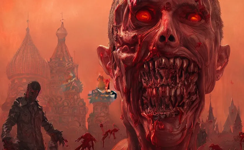 Image similar to zombie Putin in Red Square, fantasy, intricate, highly detailed, digital painting, artstation, concept art, smooth, sharp focus, illustration, art by artgerm and greg rutkowski and alphonse mucha