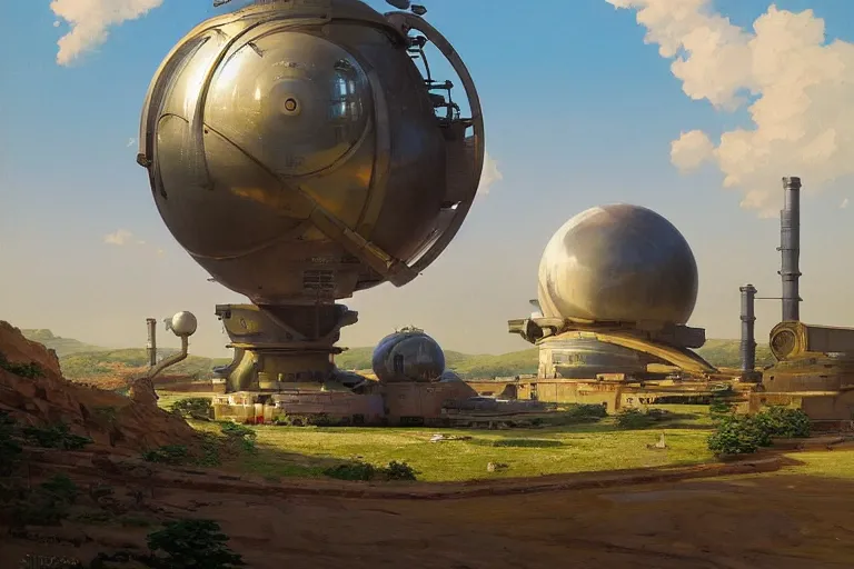 Image similar to a beautiful science fiction factory with a spherical design by starwars and army on a hill in the french countryside during spring season, highly detailed painting by studio ghibli hd and louis remy mignot, leyendecker, craig mullins, nice afternoon lighting, smooth tiny details, soft and clear shadows, low contrast, perfect