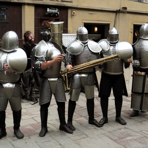 Image similar to medieval armoured knight jazz band on stage at the blue note