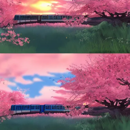 Image similar to a photo realistic anime scene of a train running through a sakura forest on a beautiful sunset. By Makoto shinkai and studio ghibli.