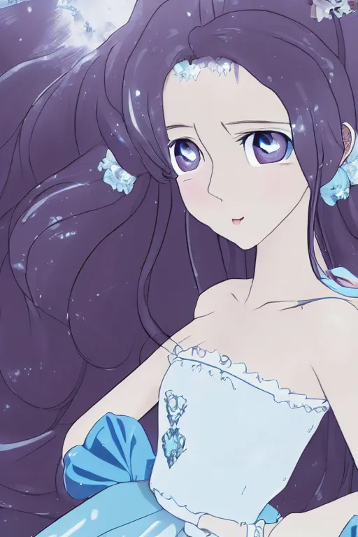 Prompt: Beautiful portrait of a princess in a white dress, anime style, 8K, cinematic, in the style of Studio Trigger manga, and shonen manga, dark beauty, light blue eyes like Junji Ito