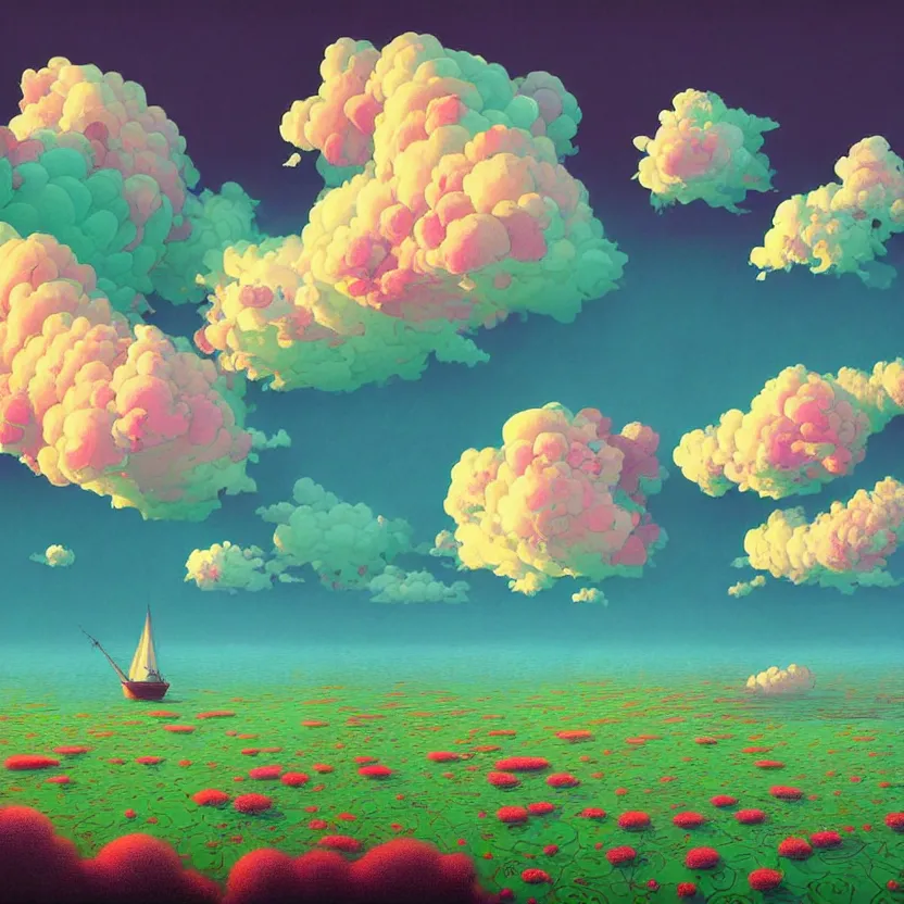 Image similar to white sea cloud, summer morning, very coherent and colorful high contrast, art by! gediminas pranckevicius! geof darrow, pastel color, volumetric lighting, cinematic, floralpunk screen printing woodblock, dark shadows, hard lighting, stippling art