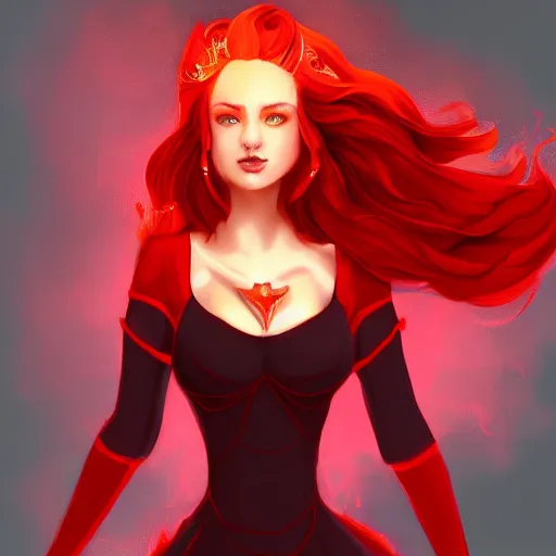 Image similar to a goddess with red hair and red dress with a fire aura, trending on artstation