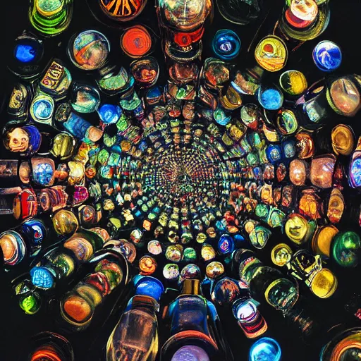 Image similar to ( ( ( ( schizophrenia ) ) ) ) in a bottle, surrounded by light beings, laughing, worried looks in their eyes : : maximalist, intricate highly detailed photograph : : 3 5 mm wide - angle shot