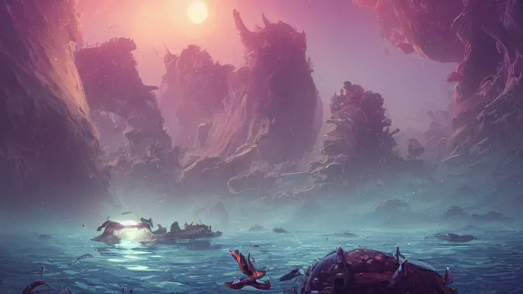 Image similar to Astronauts and some mythical animals are under the sea, they are swimming away from the giant leviathan that is behind hunting them, this is an extravagant planet with wacky wildlife, the background is full of ancient ruins, the ambient is dark with a terrifying atmosphere, by Jordan Grimmer digital art, trending on Artstation,