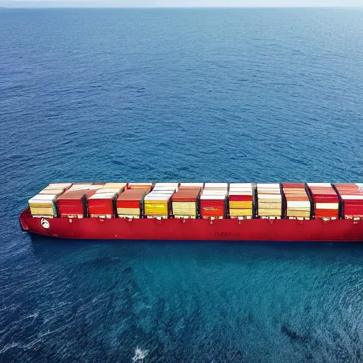 Image similar to professional high digital art hyperrealism movie still of a container vessel in the year [ 3 0 0 0 ] in the pristine ocean water. canon eos 7 d | 1 8 0 mm f 3. 5 1 / 1 6 0 0 iso 2 0 0