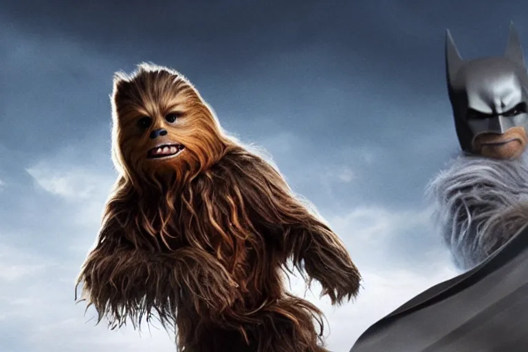 Image similar to A high quality movie still from a film starring Chewbacca as Batman