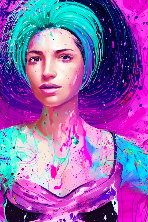 Image similar to a award winning half body portrait of a beautiful woman in a croptop and cargo pants with ombre purple pink teal hairstyle and hands in pockets by ari liloan, surrounded by whirling illuminated lines, paint splashes and splatter, outrun, vaporware, shaded flat illustration, digital art, trending on artstation, highly detailed, fine detail, intricate