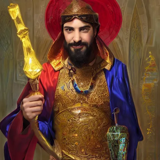 Image similar to charming tailor of middle - eastern descent, dressed in fine colorful robes and jewelry over fantasy armor, goatee, smirking, holding a magic needle, fantasy art by barret frymire by artem priakhin, art by artgerm and greg rutkowski and alphonse mucha, artstation, matte, illustration, intricate, highly - detailed high resolution