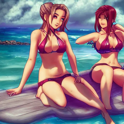Image similar to beautiful aerith and tifa and jessie from final fantasy in a bikini on the beach making eye contact drawn by sakimichan