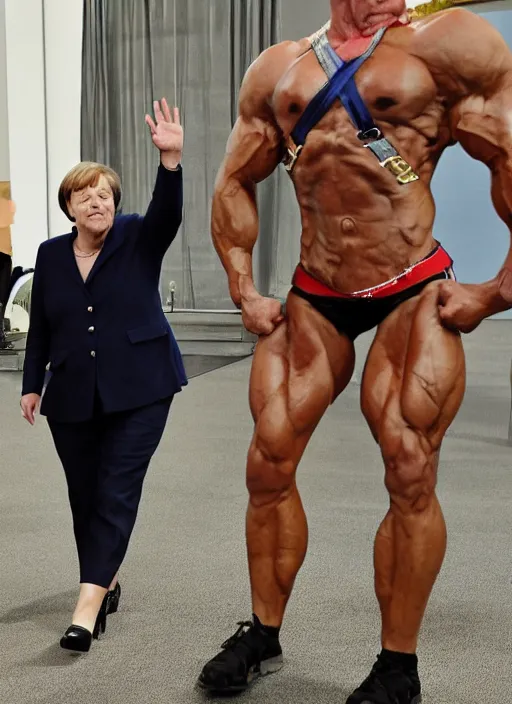 Image similar to angela merkel as a beautiful bodybuilder warrior with armature