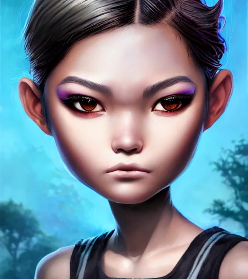 Prompt: An epic fantasy comic book style portrait painting of a young Malaysian woman, expressive, dark piercing eyes, tomboy, flat face, pouting, tan skin, beautiful futuristic hair style, tank top with black and white stripes, long sleeves, bare midriff, awesome pose, character design by Mark Ryden and Pixar and Hayao Miyazaki, unreal 5, DAZ, hyperrealistic, octane render, cosplay, RPG portrait, dynamic lighting, intricate detail, summer vibrancy, cinematic