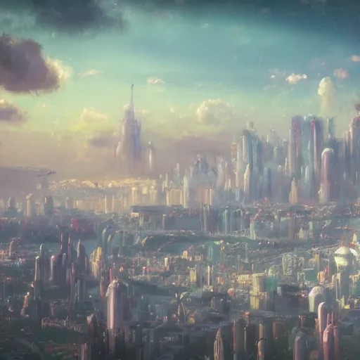 Prompt: pastel, baroque utopian cityscape in the sky, sci-fi, dreamlike, surreal, angels, soft lights, cinematic, 8k, by Ghibli,